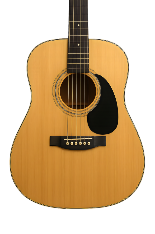 Transparent acoustic guitar body with strings studio background still life natural light close-up view for creative impact png