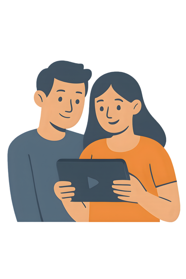 Couple watching content on tablet with transparent background in cozy home environment for relaxing togetherness png