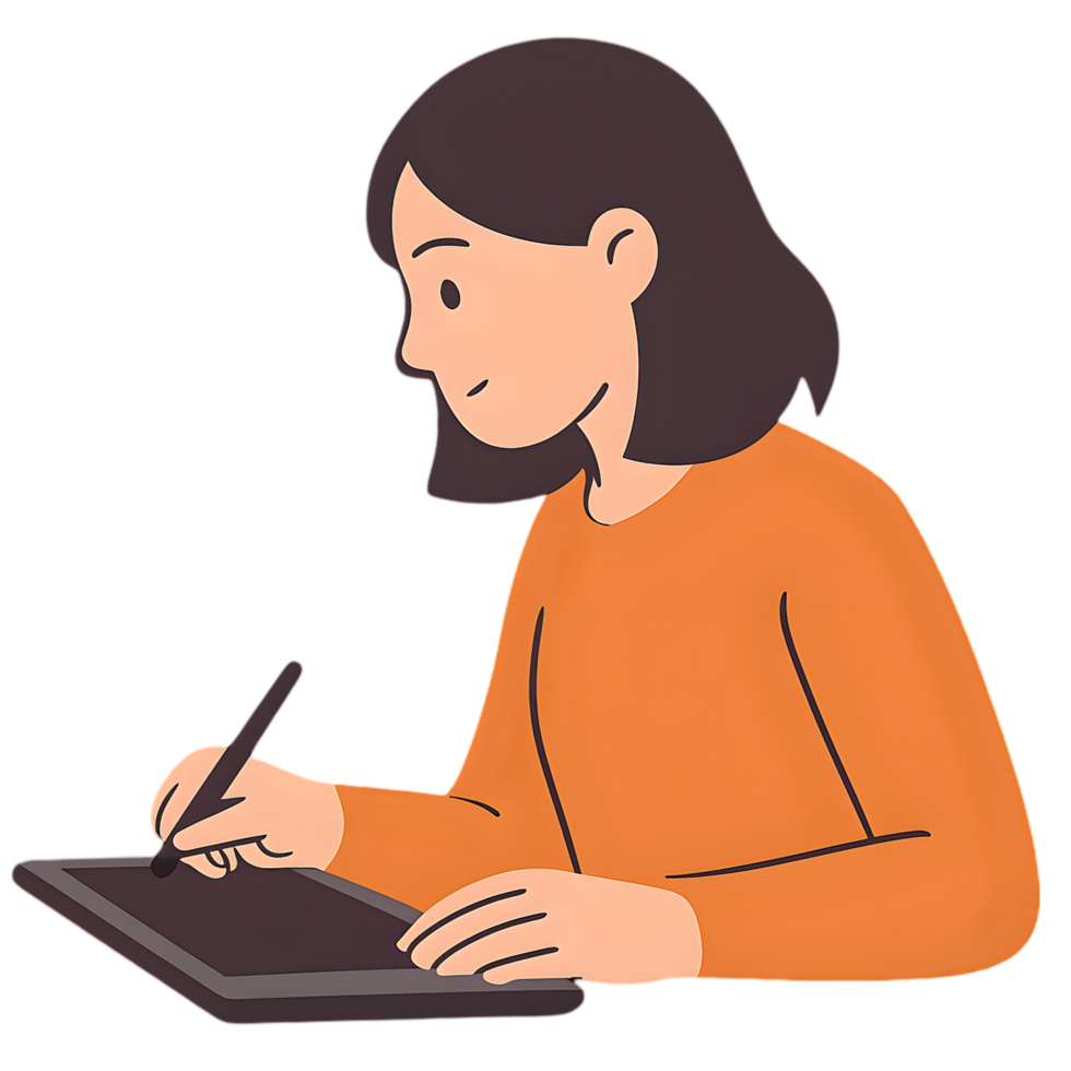 Creative digital drawing of a girl on tablet with transparent background in a modern workspace png