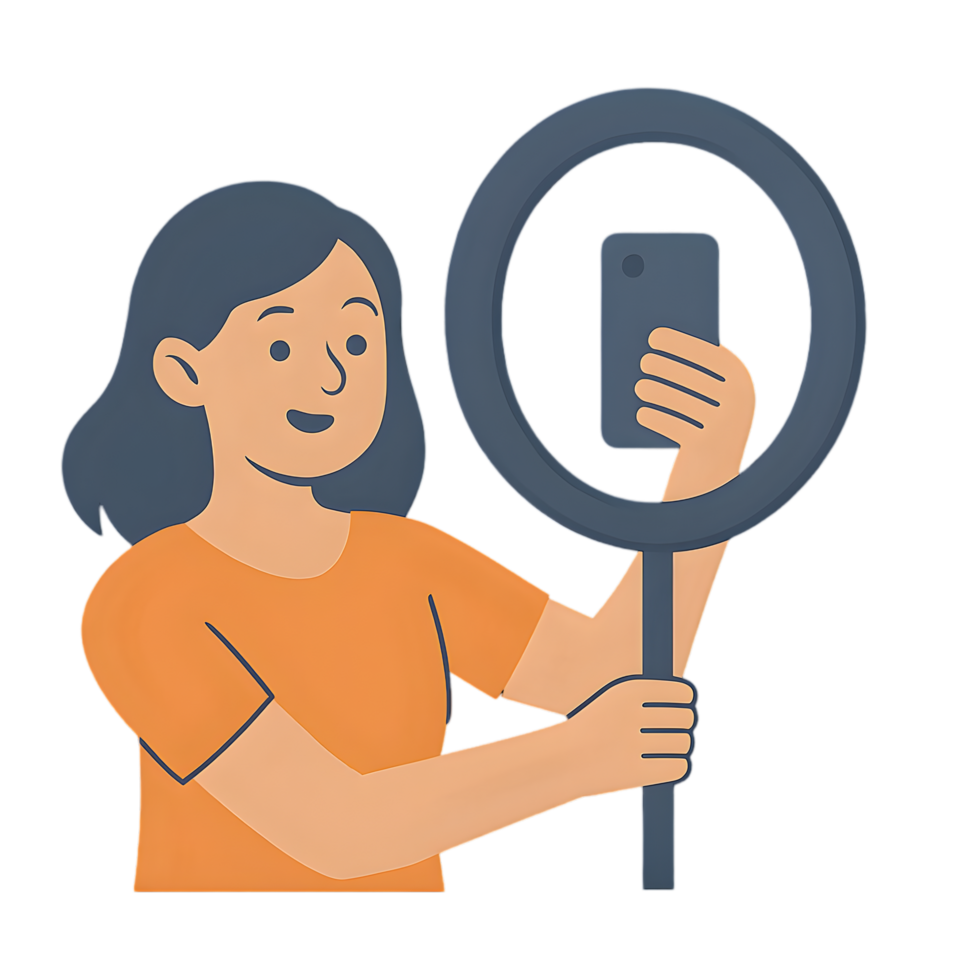 Influencer girl taking ring light selfie with transparent background in urban environment lifestyle perspective png