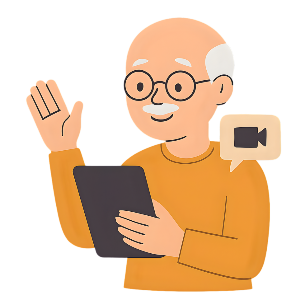 Elderly man calling on tablet with transparent background home setting digital interaction warm environment png