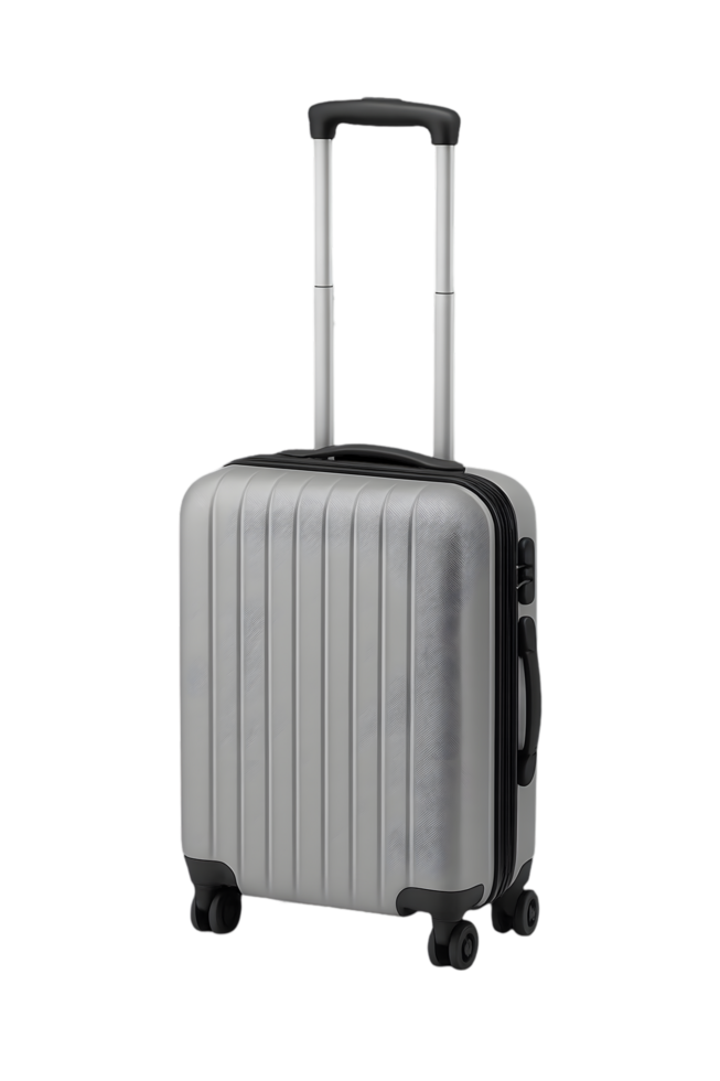Transparent travel luggage with extended handle urban setting product showcase modern viewpoint background integration png