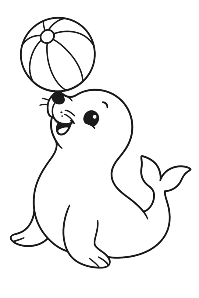 Playful seal balancing a beach ball transparent background fun coloring page coastal environment child-friendly concept png