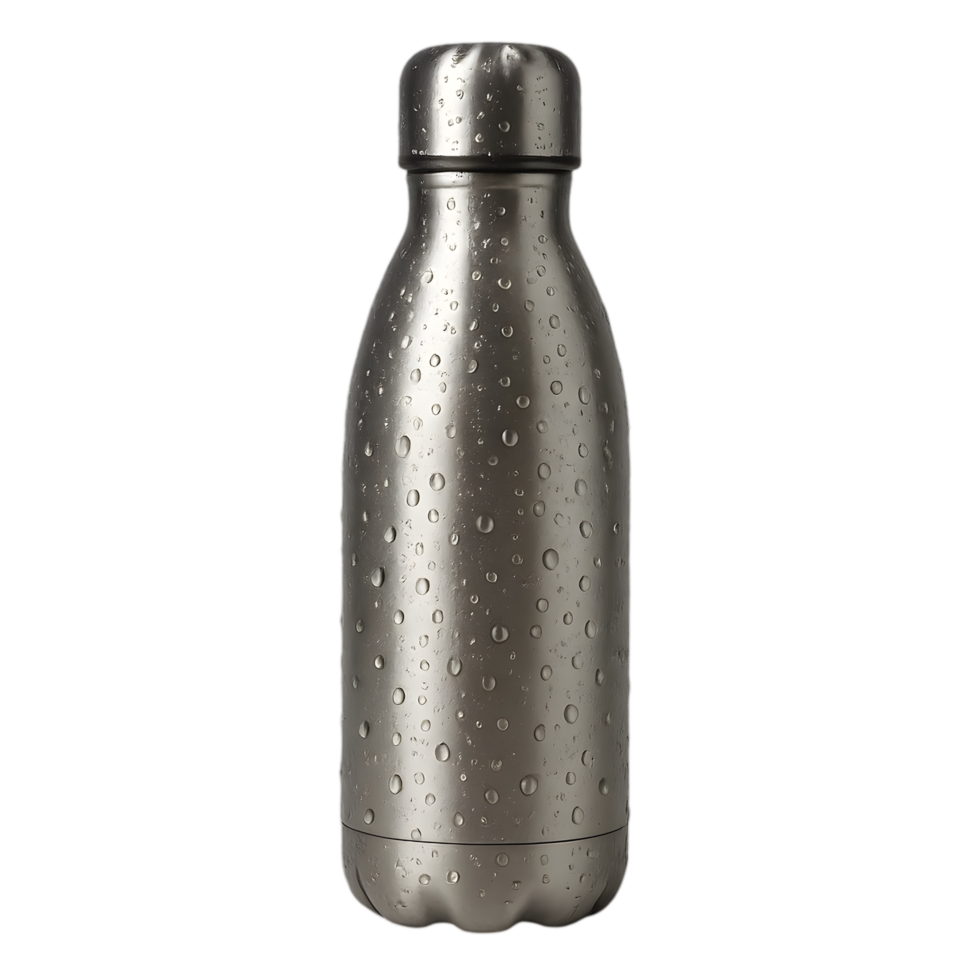 Drinking water bottle with stainless steel droplets transparent background indoor setting close-up view refreshing concept png