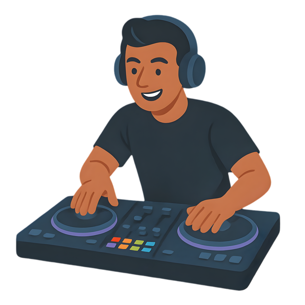 Dj on controller mixing beats transparent background vibrant party environment close-up viewpoint energetic vibe png