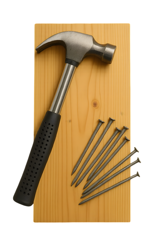 Crafting with hammer and nails transparent background on wooden board diy project close-up view creative workshop png