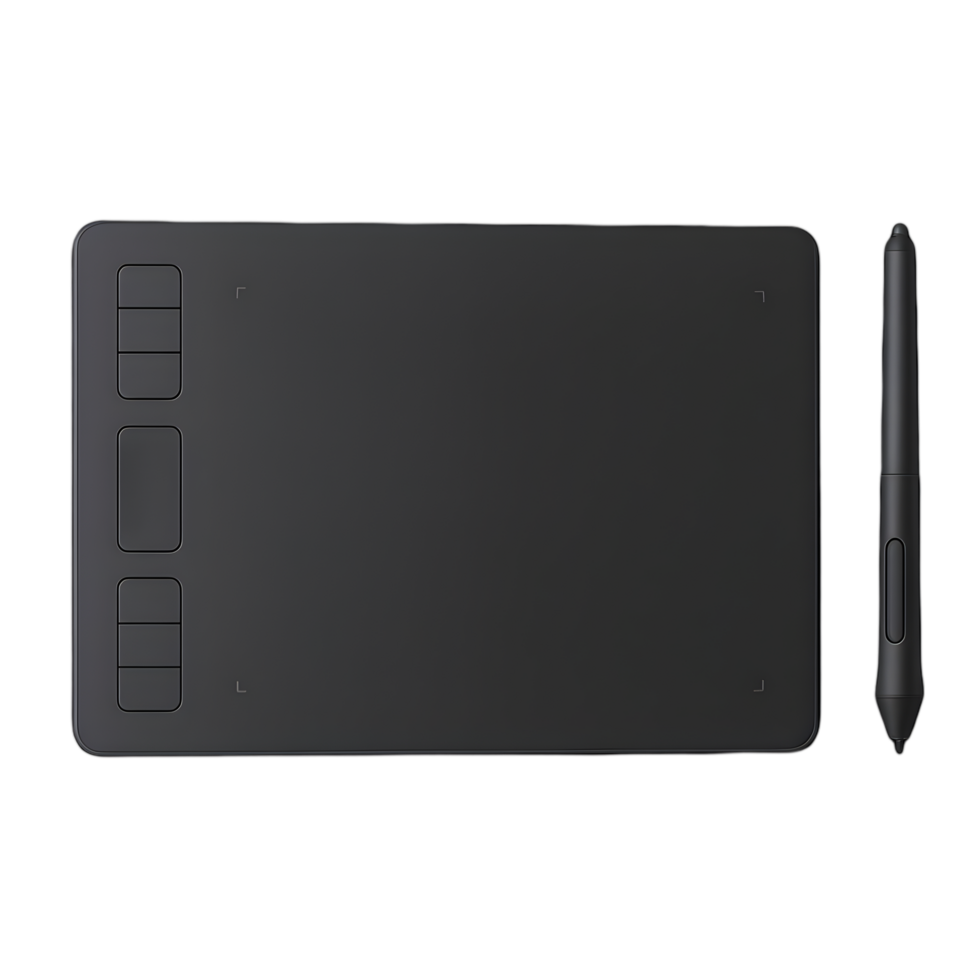 Digital drawing tablet with pen on transparent background creative workspace technology close-up unique design concept png