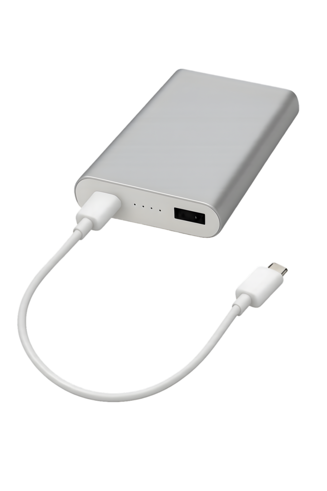 Portable power bank with cable transparent background technology modern setting close-up view convenience concept png