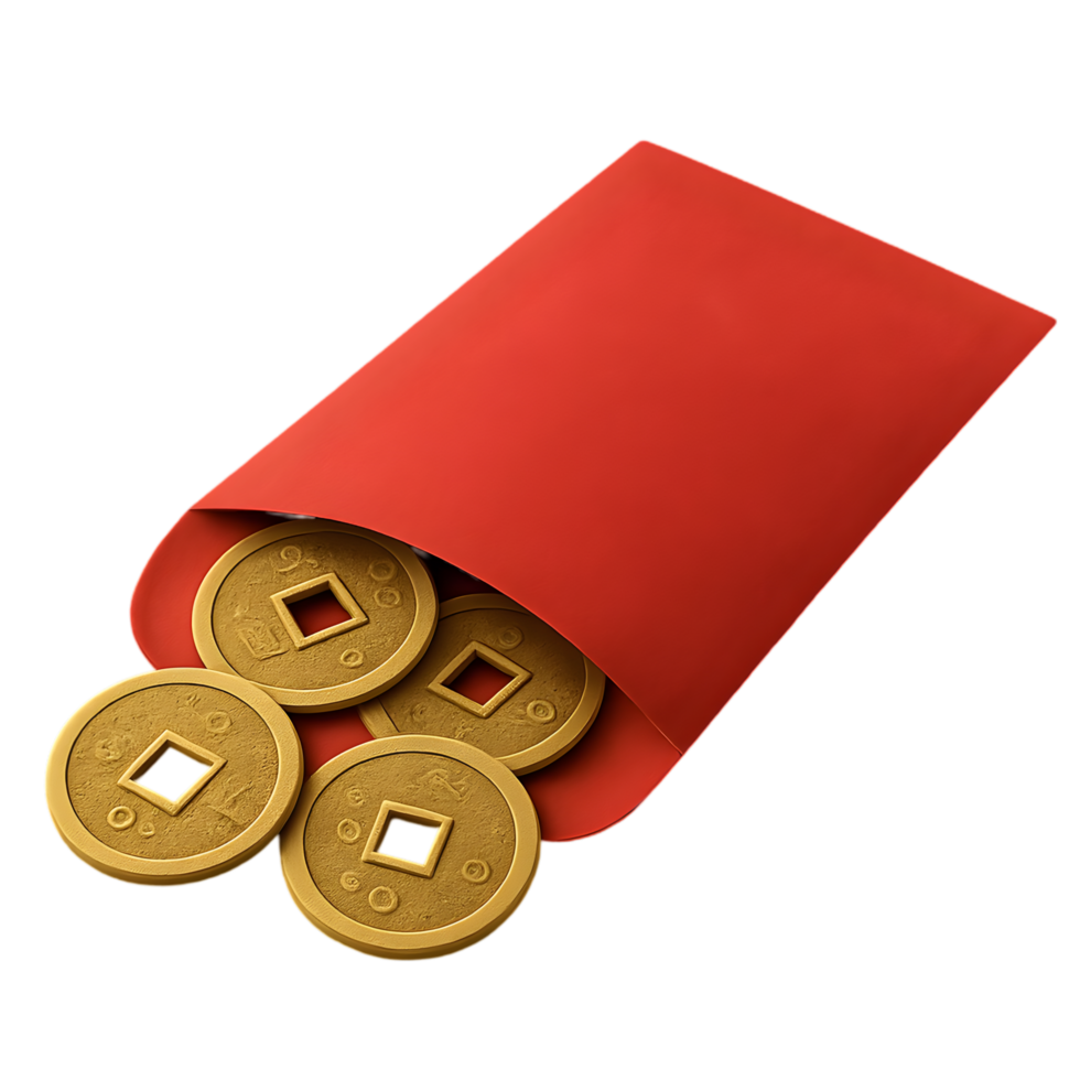 Transparent background of red envelope with gold coins for chinese new year celebration festive atmosphere close-up view png