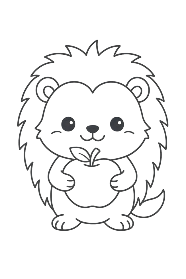 Transparent background hedgehog holding apple coloring page playful art kids creative environment fun viewpoint png