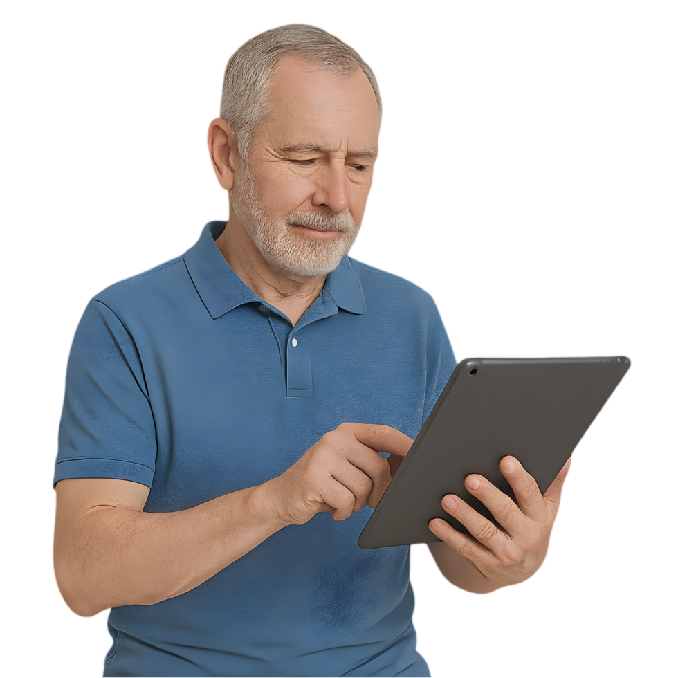 Senior man using tablet device with transparent background indoor setting lifestyle concept for modern technology engagement png