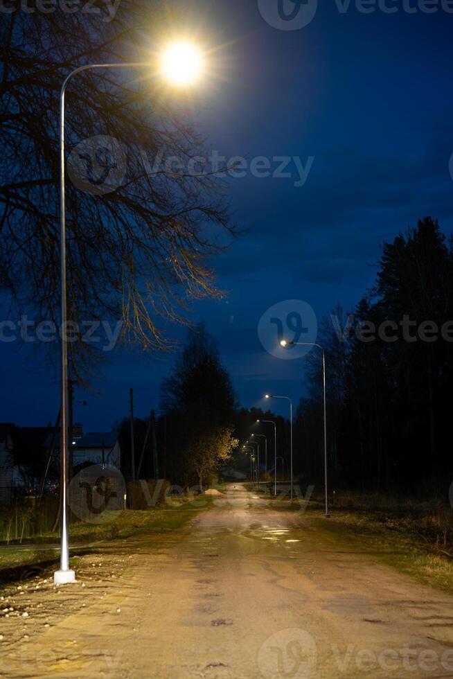 A rural road extends under a deep blue evening sky, lit by warm streetlights. Sparse trees, vegetation, and houses line the uneven road with puddles. photo