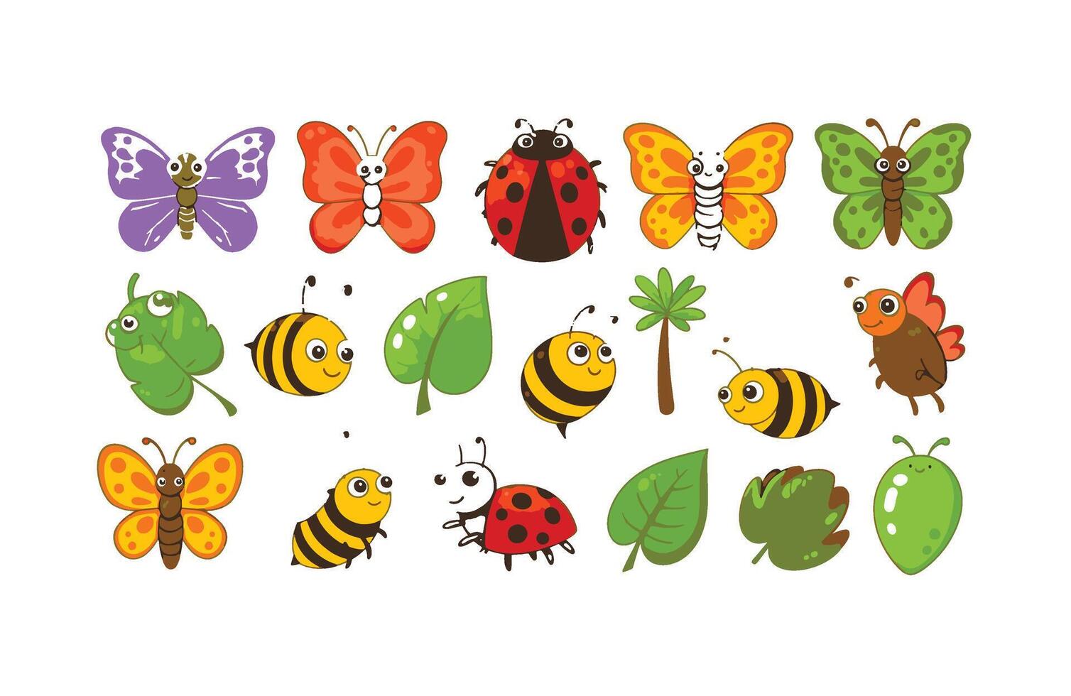 Happy bug illustration set with bees ladybugs and green leaves vector