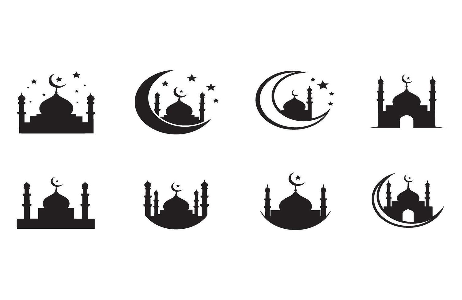 Holy Mosque Icons Featuring Crescent Moons and Stars for Festivals vector