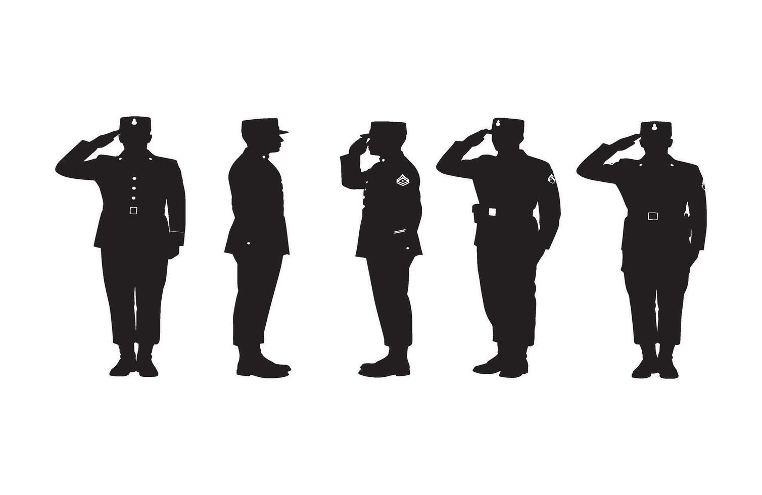 Five different army officers saluting in distinct formal postures with gold highlights vector
