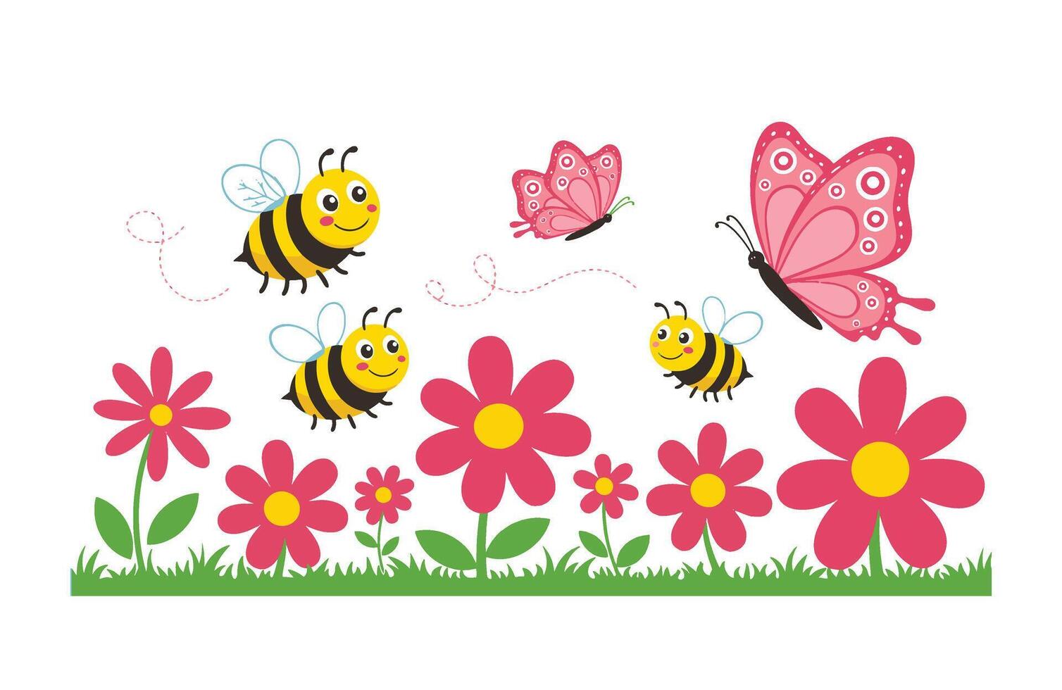 Blooming Garden Filled with Colorful Flowers Bees and Graceful Butterflies vector