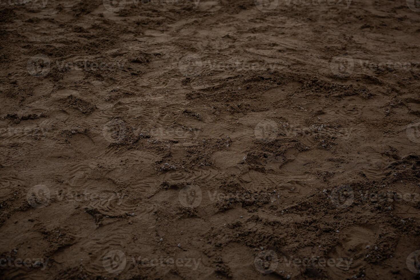 Uneven dirt surface with visible footprints and tire tracks, featuring loose soil and compacted areas under dim lighting with an earthy tone. photo