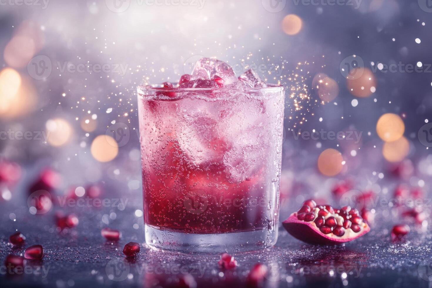 A glass of pink drink with ice cubes and a piece of fruit on the table photo