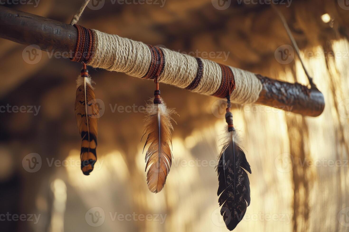 A wooden branch with feathers hanging from it photo