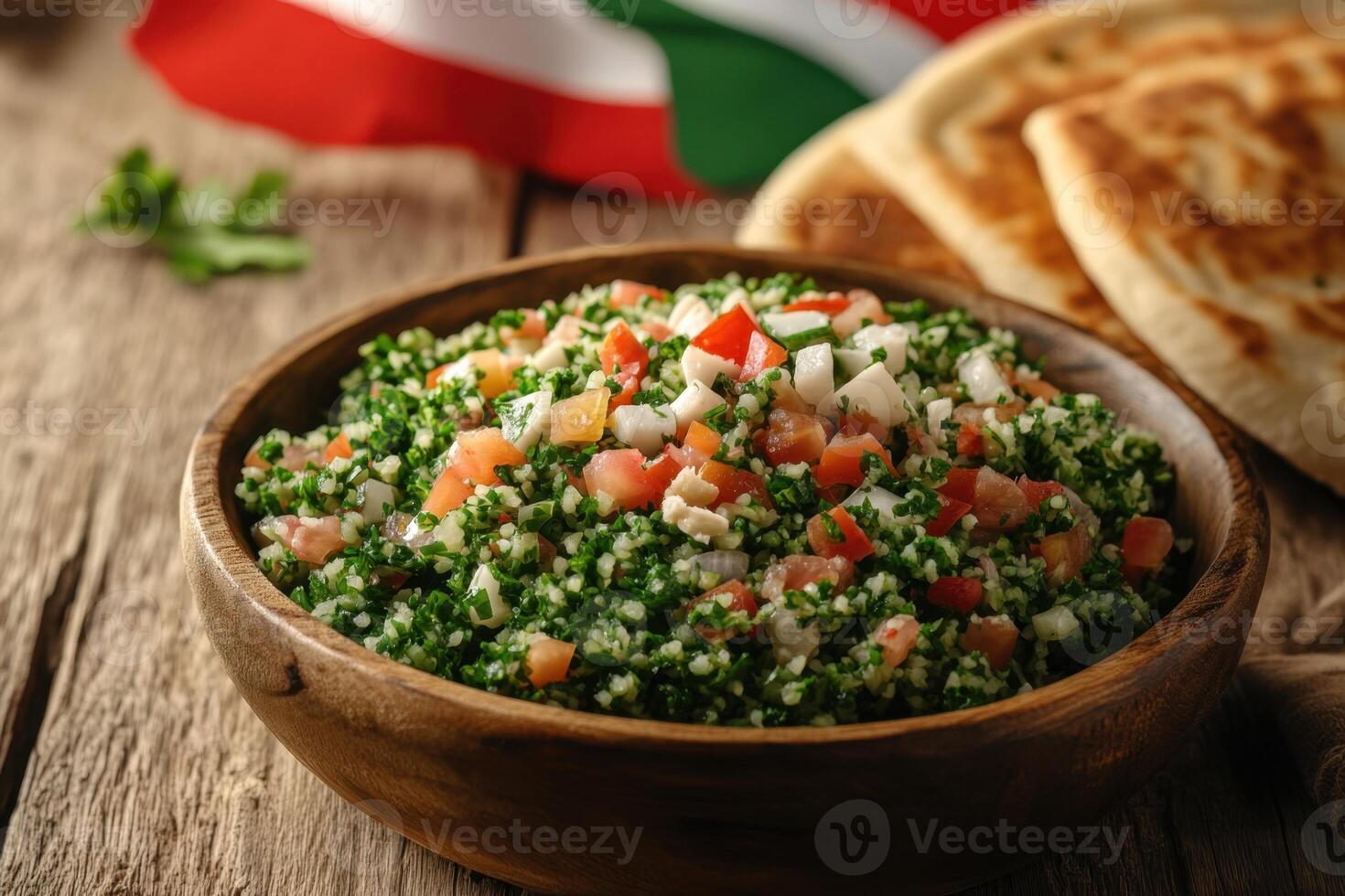 A bowl of salad with a flag in the background photo