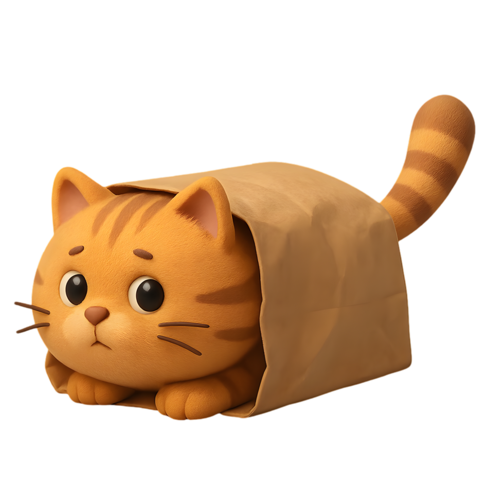 Curious cat stuck in paper bag with tail out transparent background playful scene cozy home environment png