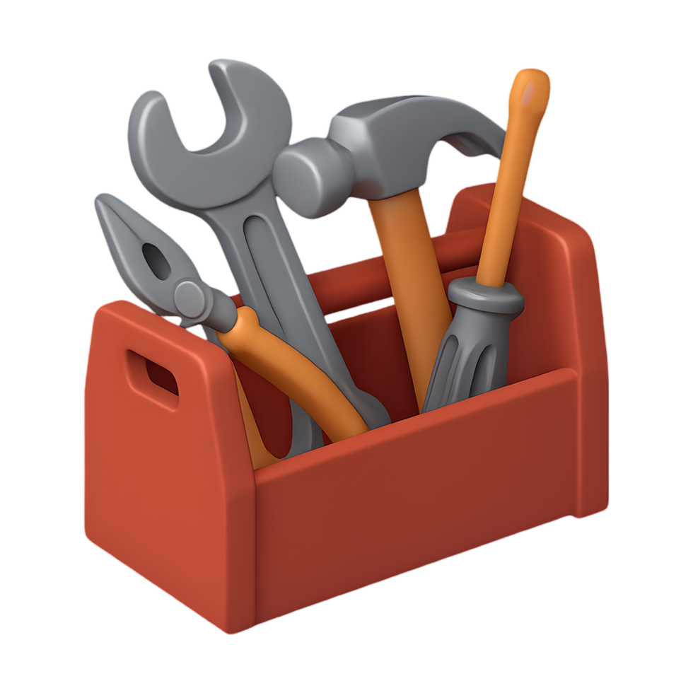 Assorted tools in toolbox on transparent background digital graphic home improvement environment focused viewpoint png