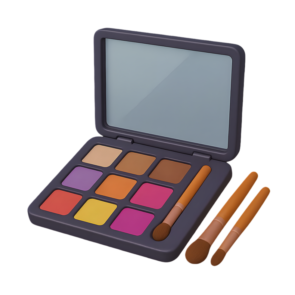 Open makeup kit with mirror and brushes on transparent background beauty room setup close-up view for creative inspiration png