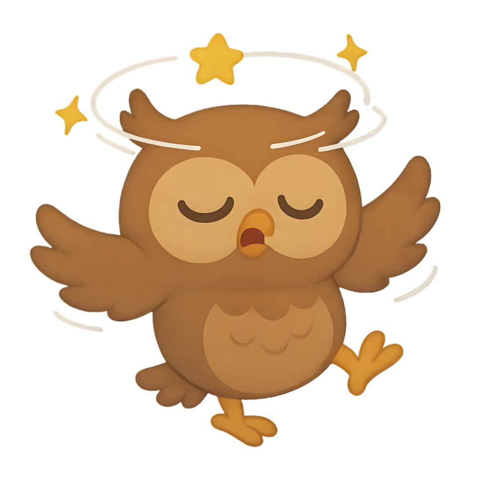Dizzy owl spinning joyfully transparent background fun animation whimsical environment playful concept png