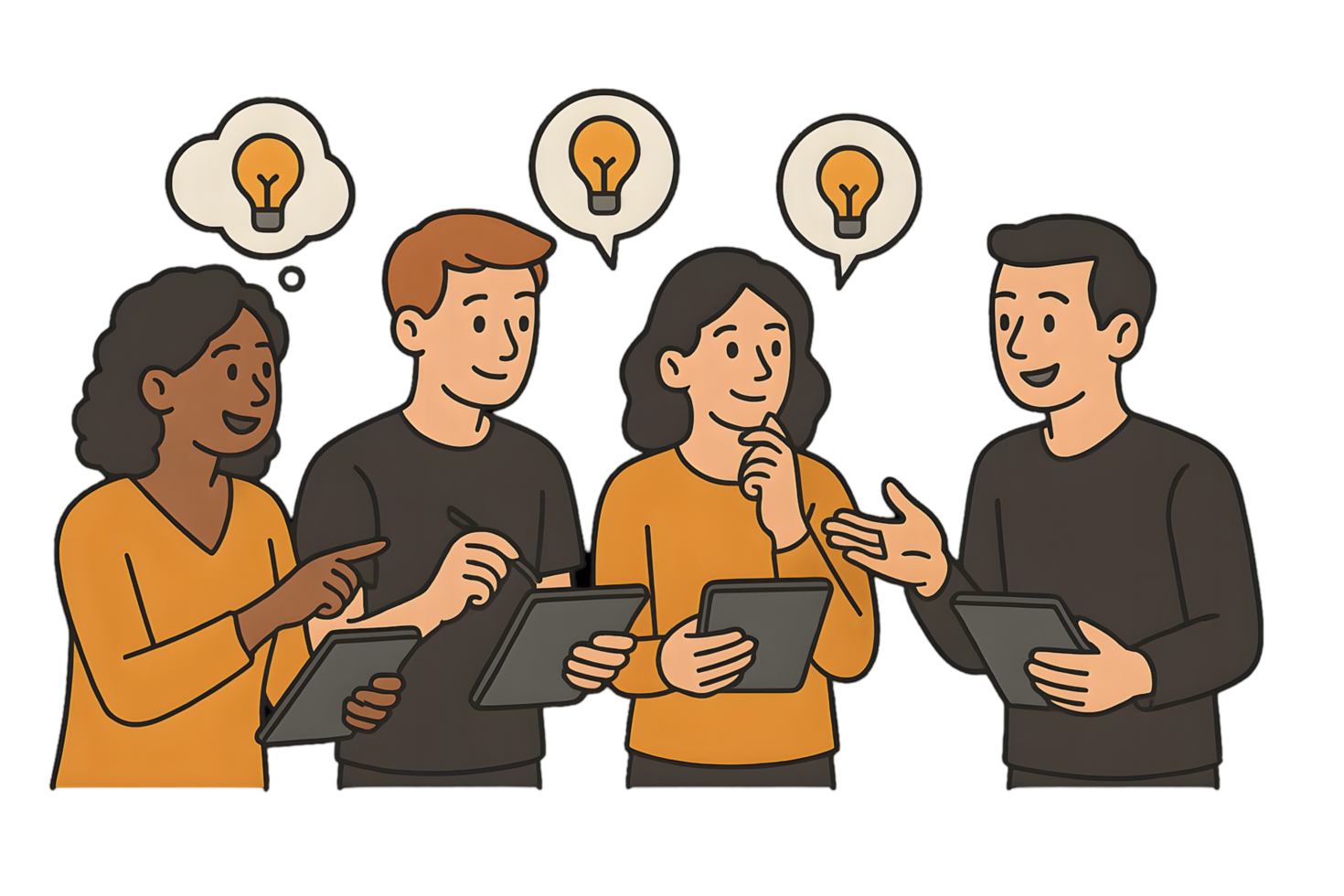 Startup team brainstorming with tablets transparent background creative environment collaborative viewpoint png