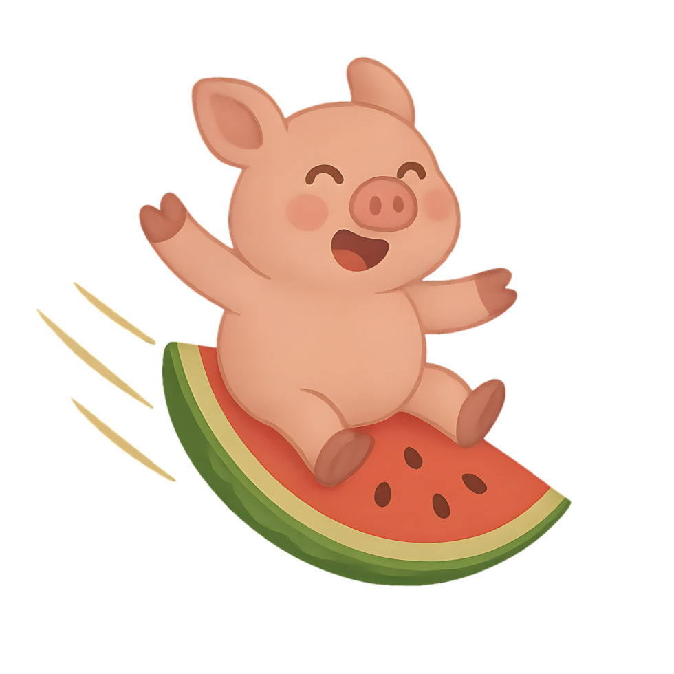 Playful pig sliding on watermelon slice transparent background fun animation joyful environment whimsical viewpoint png