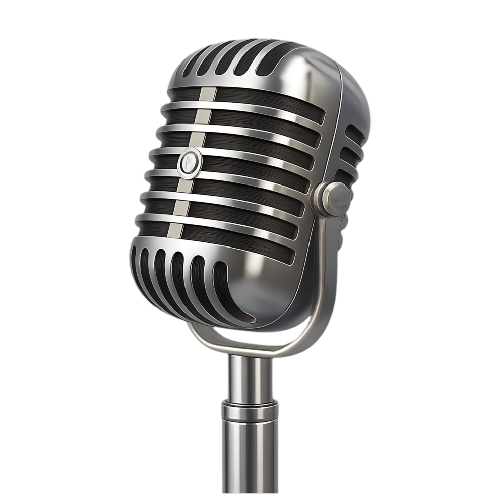 Vintage chrome microphone transparent background studio setup professional environment close-up view audio concept png