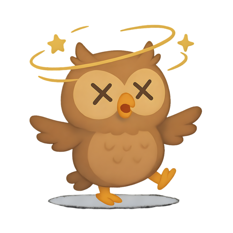 Dizzy cartoon owl surrounded by stars transparent background playful environment whimsical viewpoint fun concept png