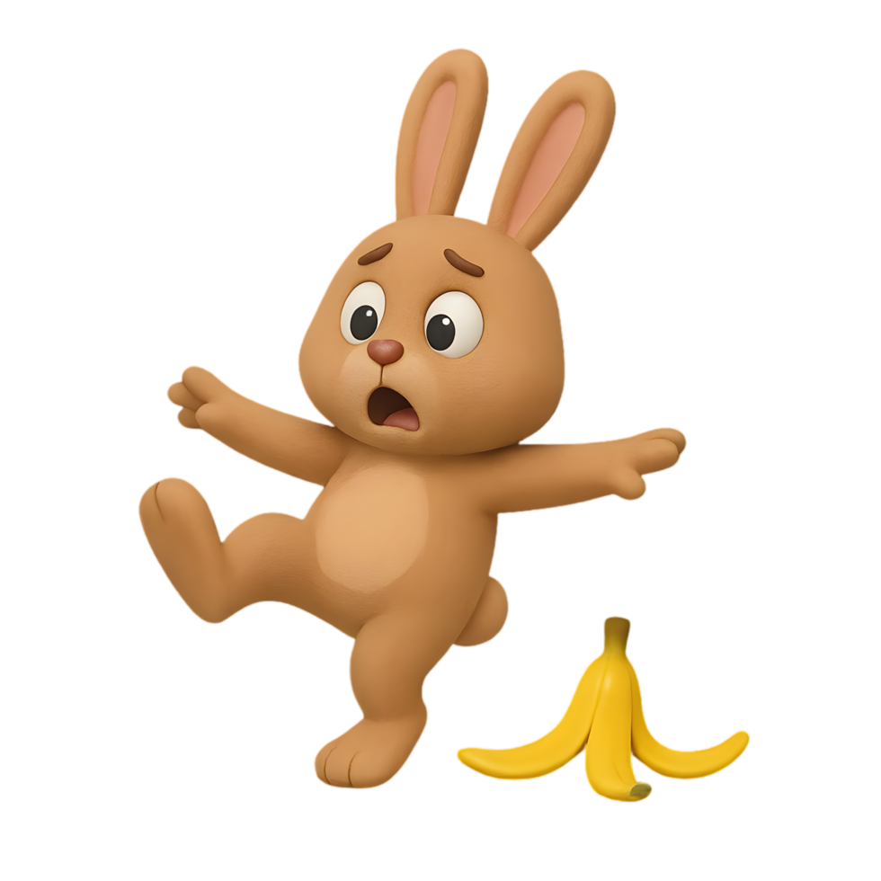 Bunny slipping on banana peel transparent background animated scene whimsical environment playful viewpoint png