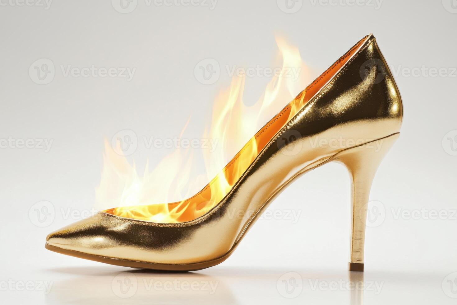 A gold shoe with fire on it photo