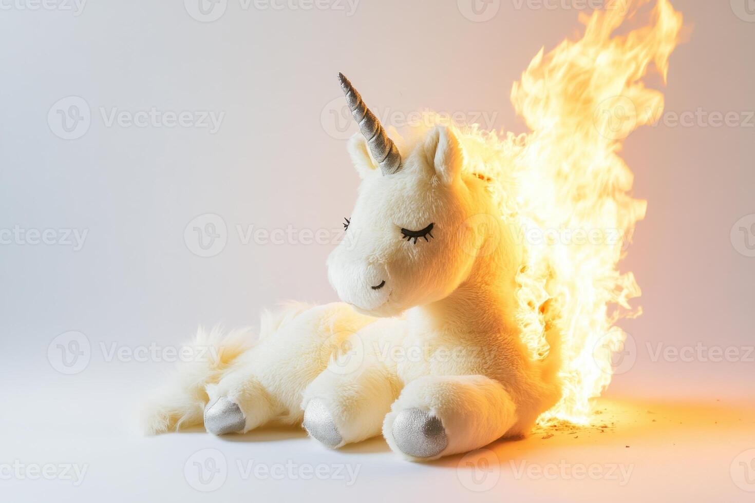A white unicorn is sitting on a white surface with fire coming out of its mouth photo