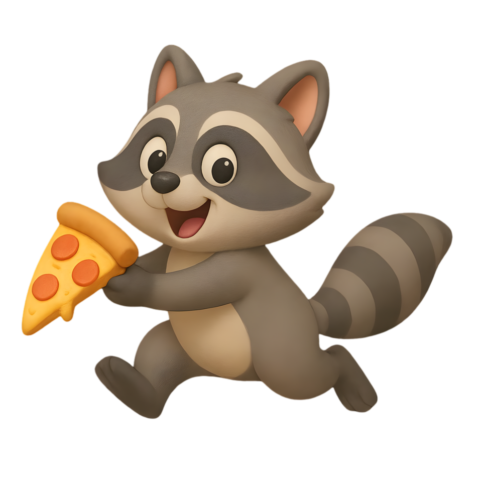 Transparent background raccoon stealing pizza in a fun event playful environment animated concept png