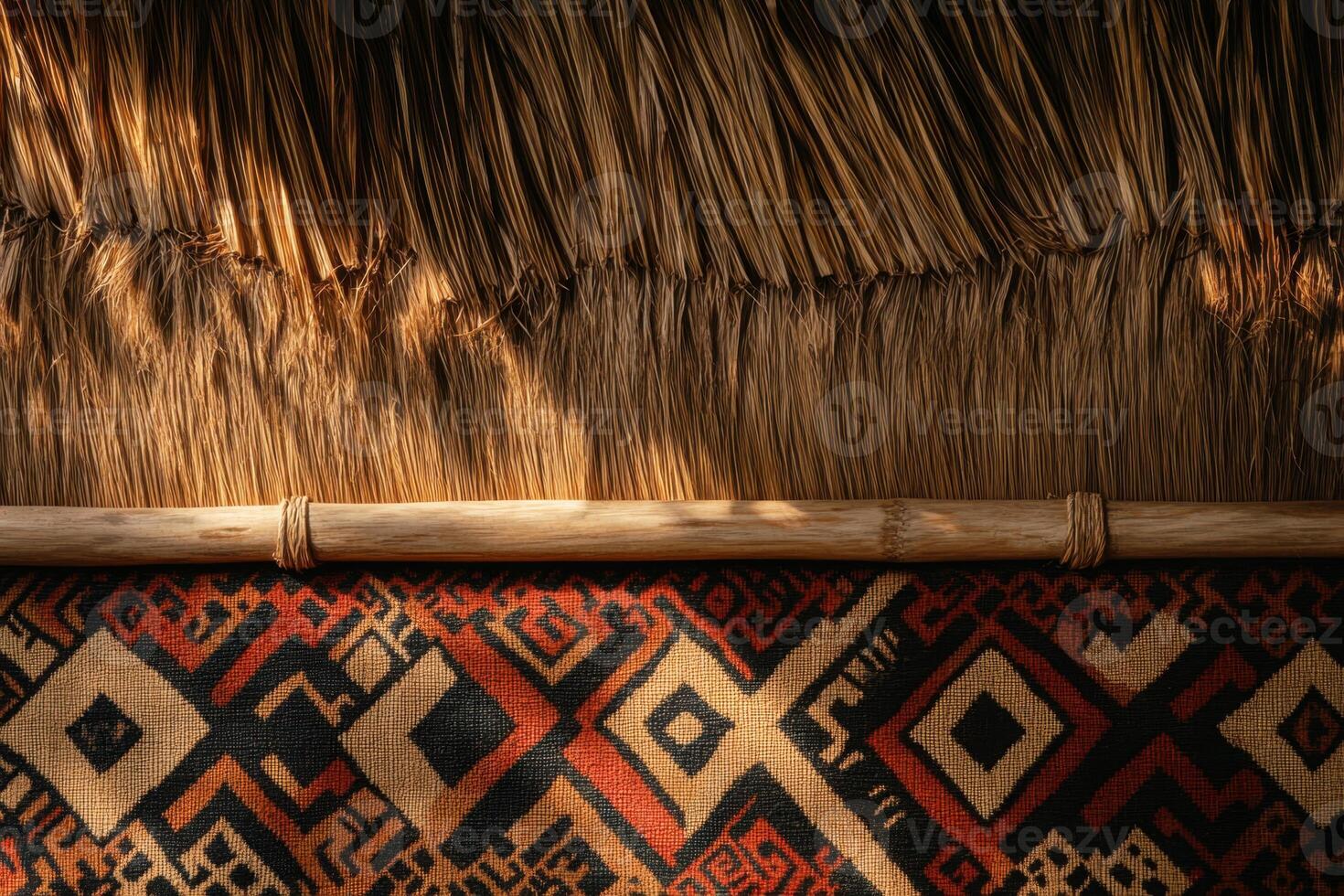 A woven straw roof with a red and black carpet underneath photo