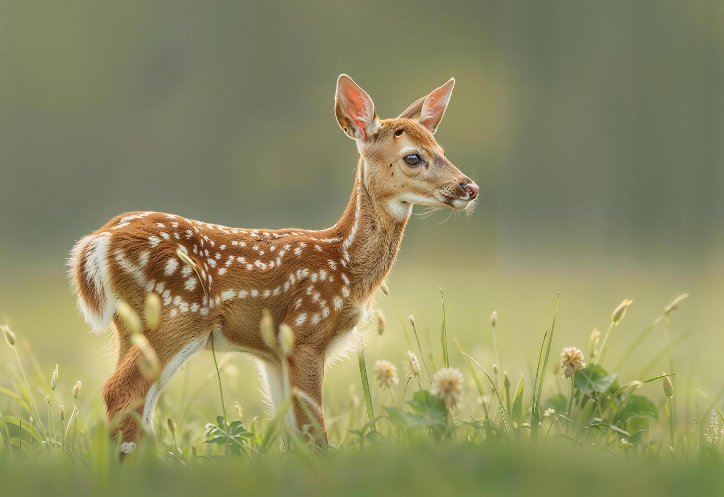 Delicate fawn standing in a grassy field photo