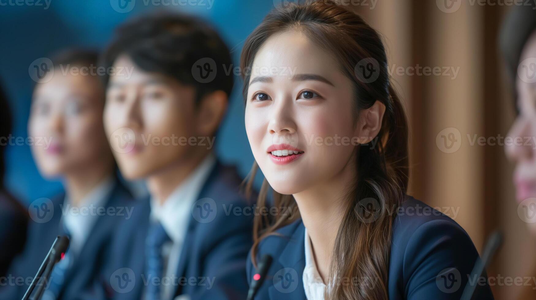 Young Asian businesswoman speaking confidently at a conference with colleagues in the background photo