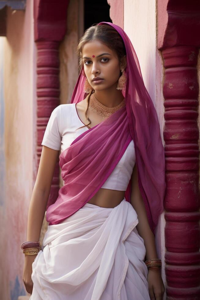 Young Indian woman in a white and pink saree leaning against a rustic architectural column photo