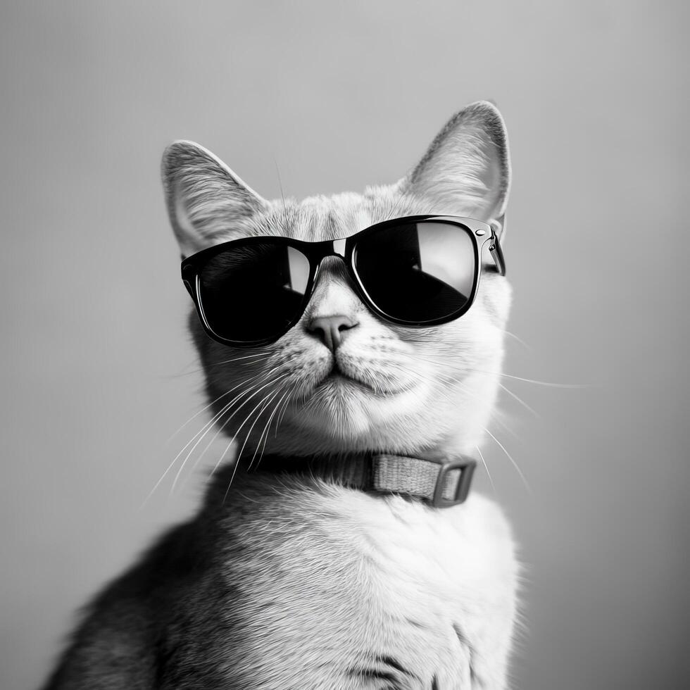 Black and white portrait cool cat wearing stylish sunglasses and a collar, looking sophisticated neutral background photo