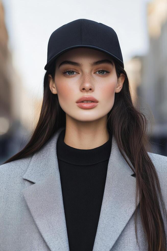 Stylish young woman with long hair wearing a black baseball cap and a gray coat, posing confidently in an urban setting photo