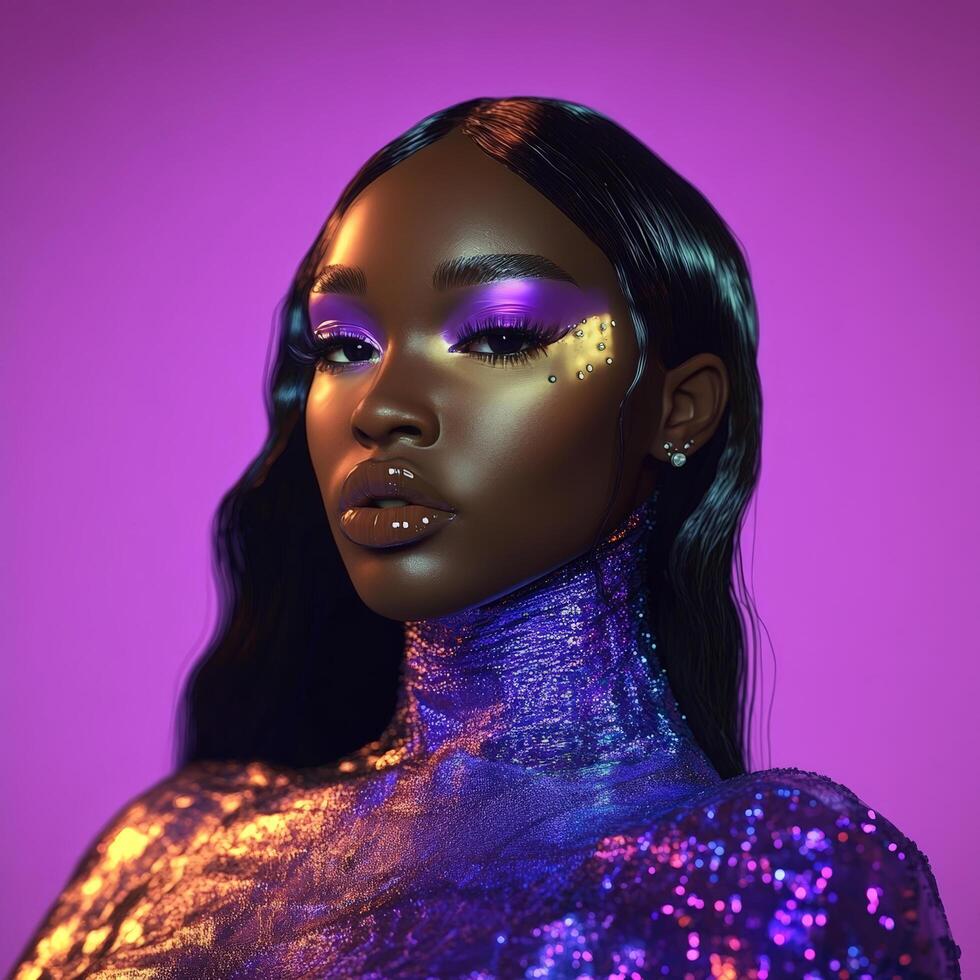 Studio portrait Black model in vibrant purple and gold makeup with sequined attire photo