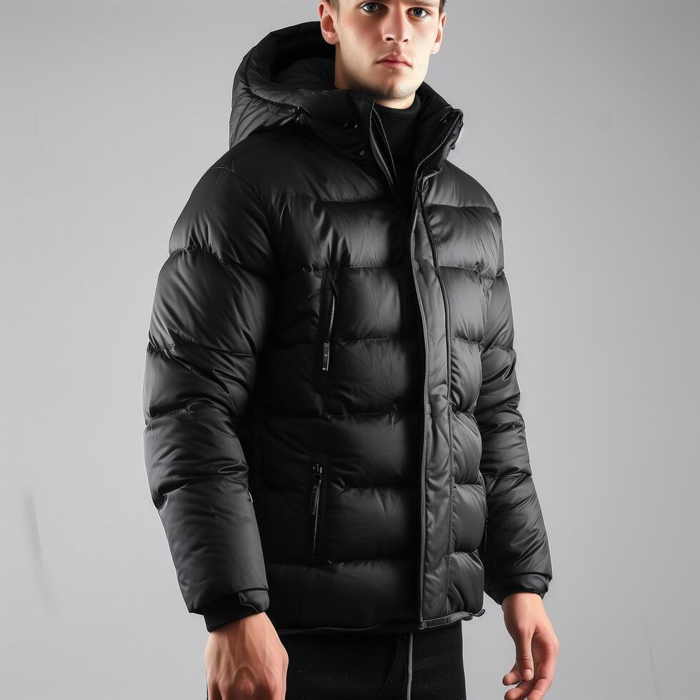 Stylish Young Man in a Black Puffer Jacket Posing in a Minimalist Urban Setting photo