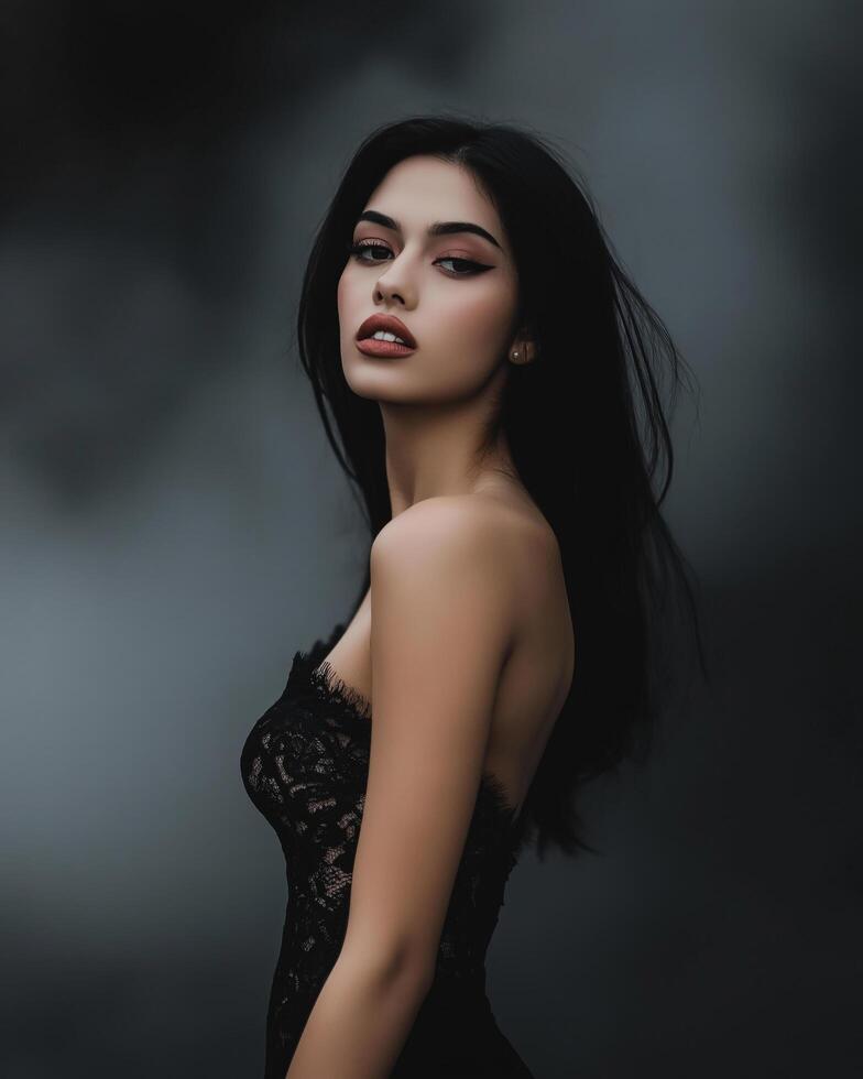 Stunning woman with dark flowing hair wearing a black lace dress gazing intensely with a moody atmospheric background photo
