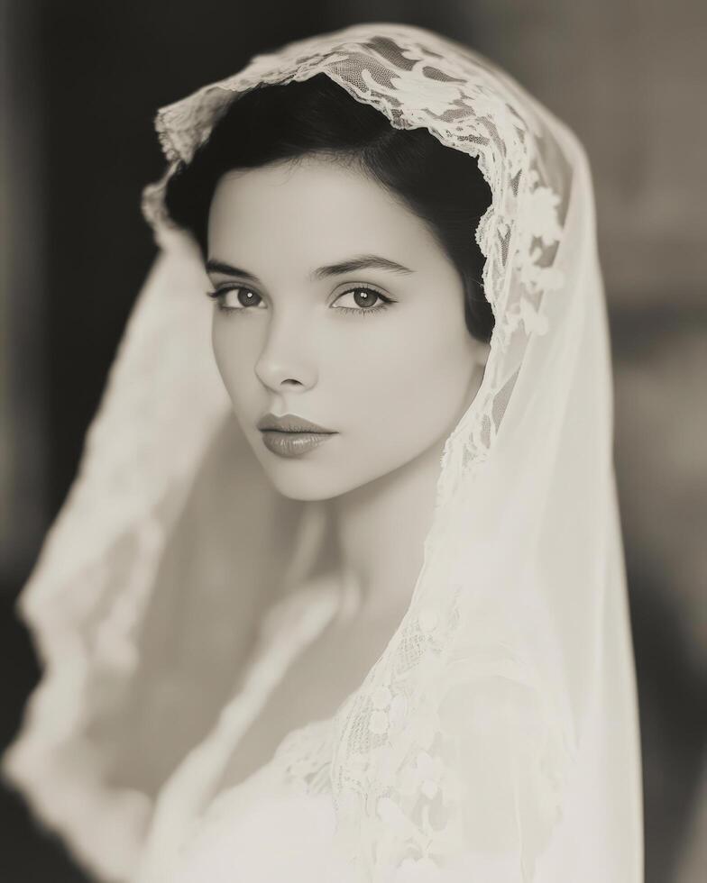 Black-and-White Portrait of a Woman in a Vintage Lace Veil, Evoking a Classic and Elegant Aesthetic photo