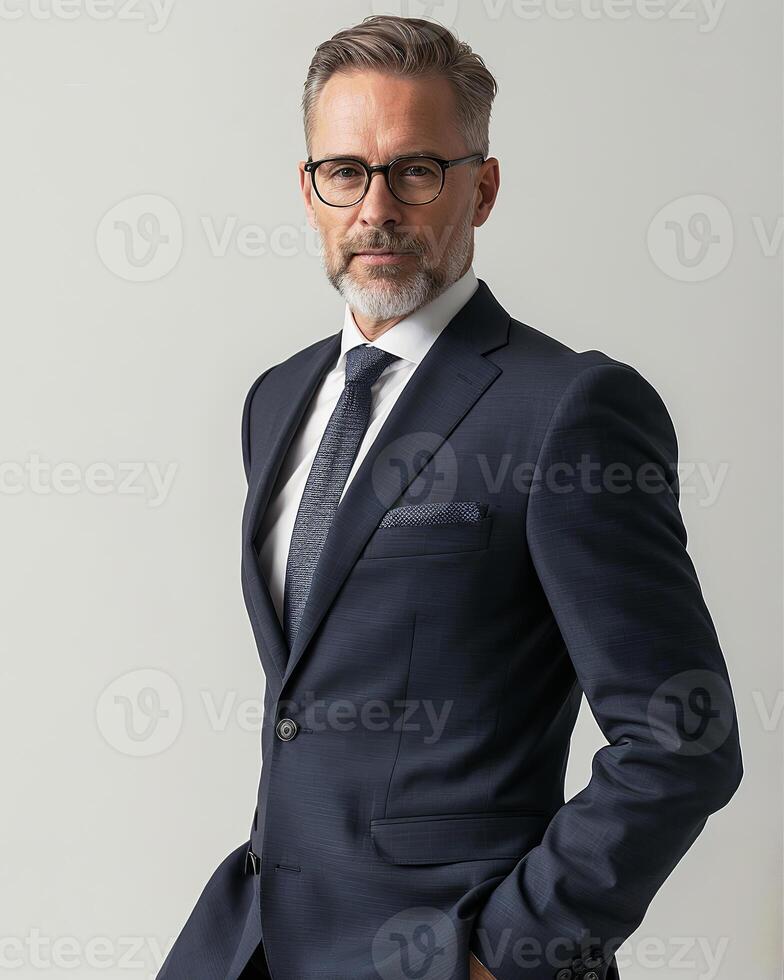 Distinguished man in his 50s wearing a tailored navy suit and glasses exuding confidence and professionalism photo