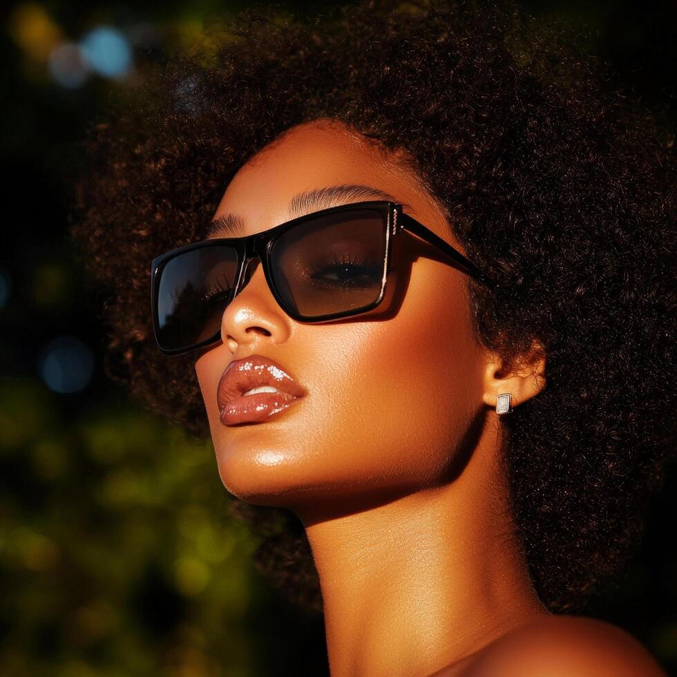 Stylish woman with curly hair wearing oversized sunglasses in golden sunlight photo