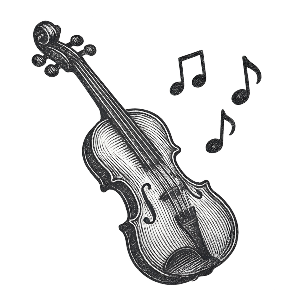 Etched violin with music notes transparent background artistic concept detailed hobbies elegant viewpoint png