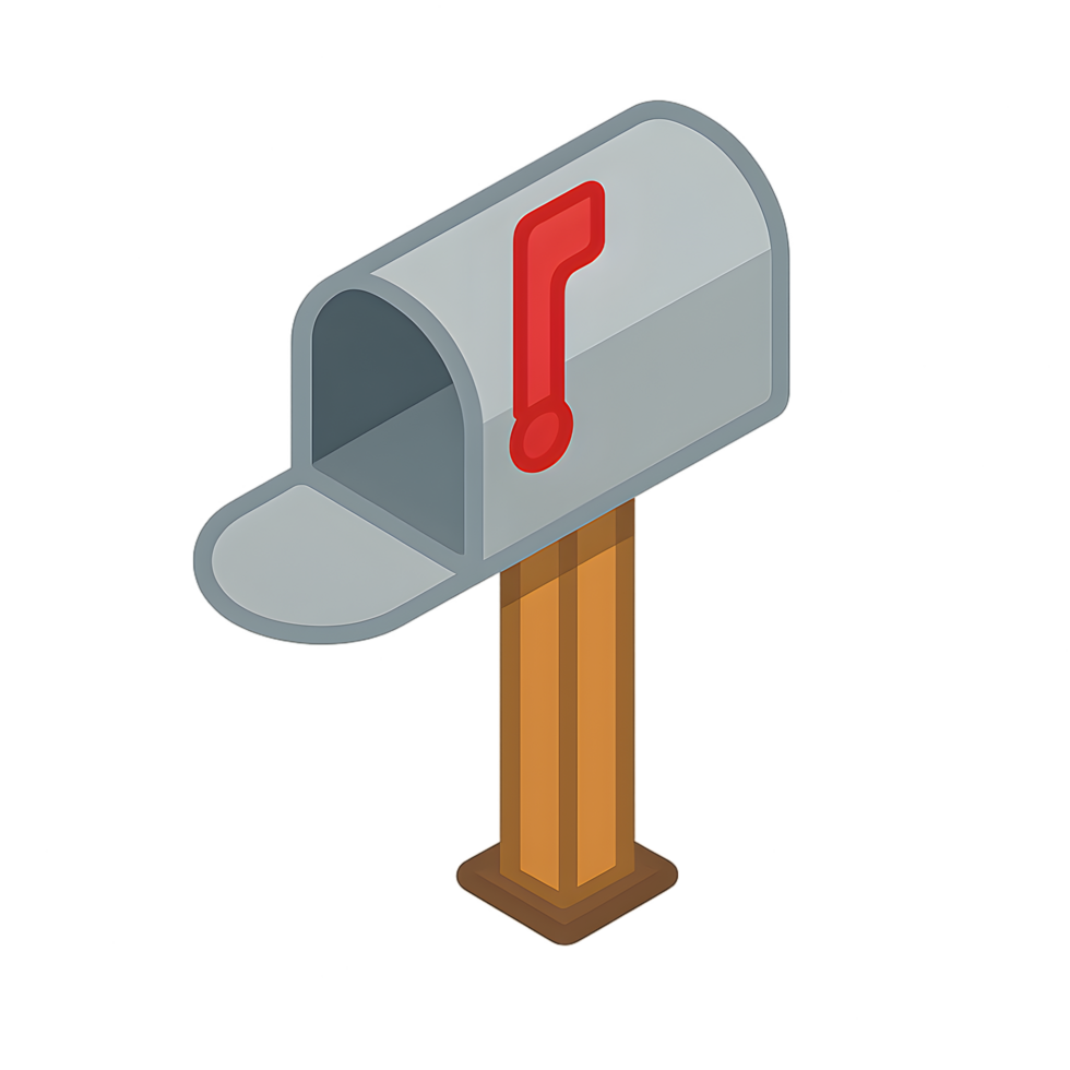 Isometric mailbox on post with red flag transparent background digital illustration modern design minimalist style png